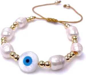 LESLIE BOULES Blue Evil Eye Gold Plated Balls & Baroque Bracelet for Women Fashion Jewelry
