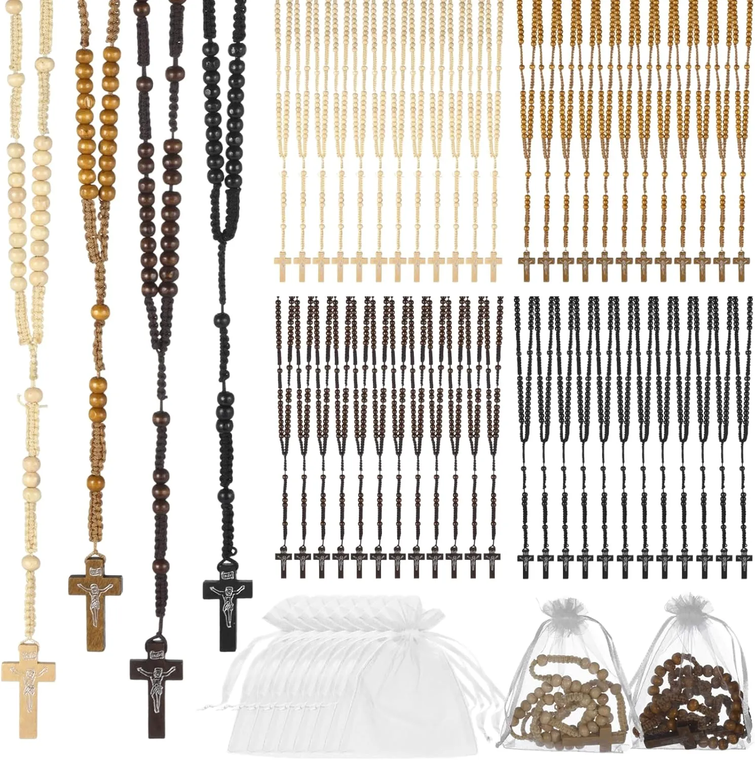 Lnrueg 48 Pcs Wooden Bead Necklaces with Organza Bags, Jesus Cross Pendant Necklace, First Communion Rosary Beads, Catholic Gifts Baptism Favors, 4 Colors