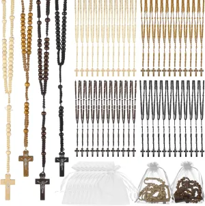 Lnrueg 48 Pcs Wooden Bead Necklaces with Organza Bags, Jesus Cross Pendant Necklace, First Communion Rosary Beads, Catholic Gifts Baptism Favors, 4 Colors