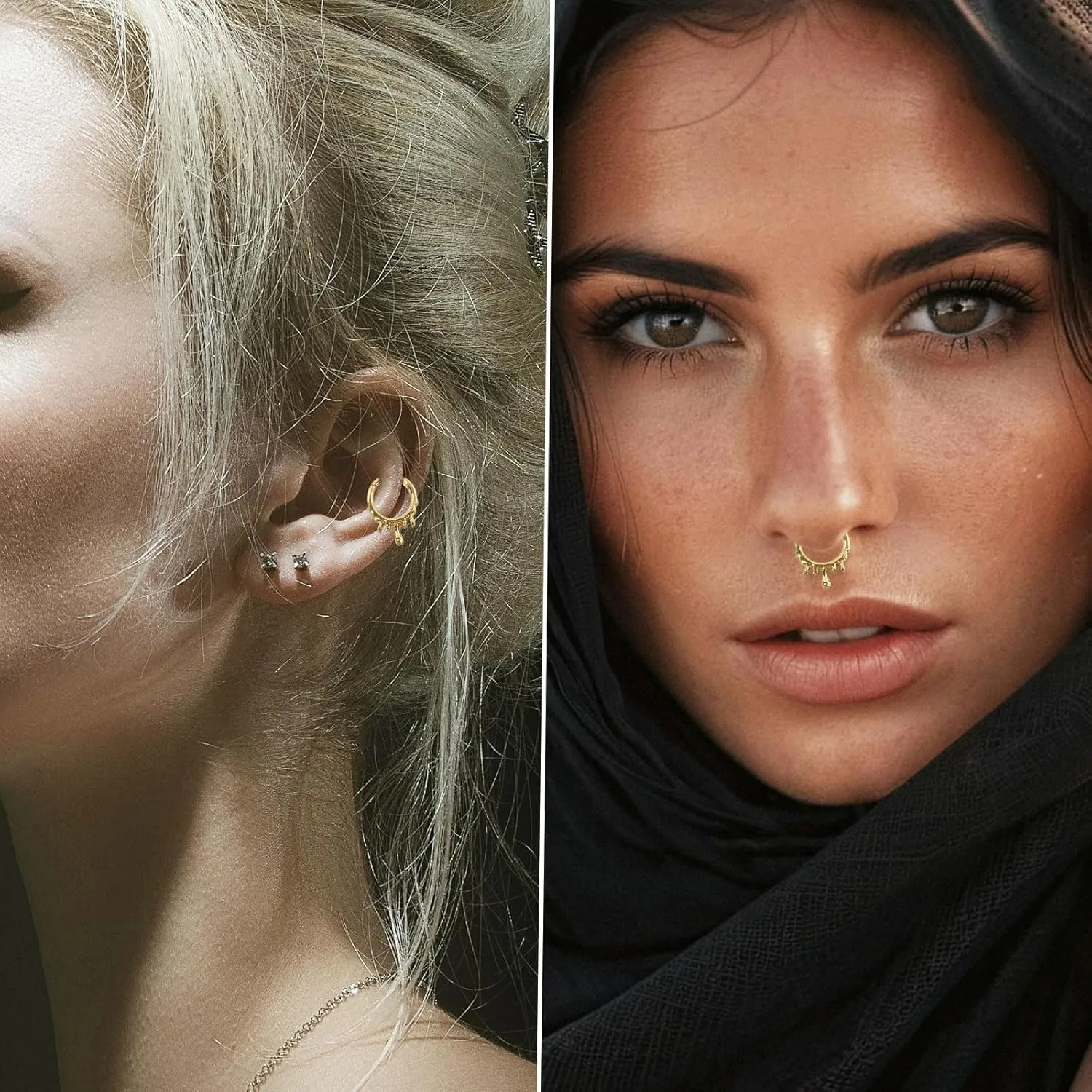 Longbeauty Septum Rings 16g Unique Septum Clicker Gold Black Nose Rings Surgical Steel Rook Helix Daith Piercing Jewelry for Women Men