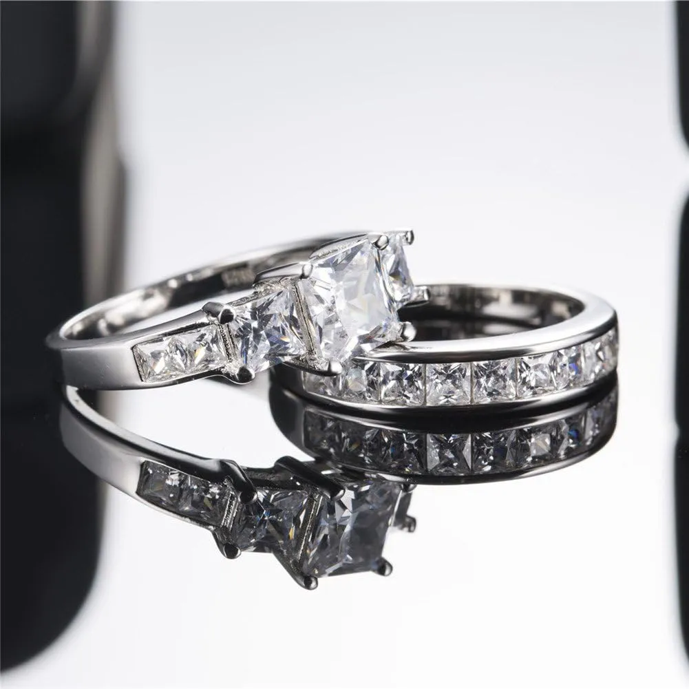 MABELLA Sterling Silver Ring for Women - 3 Stone CZ Princess Cut Engagement Ring - Cute Silver Wedding Ring Bands for Women - Bridal Womens Ring Set - Unique Gift for Her - 2 Pcs