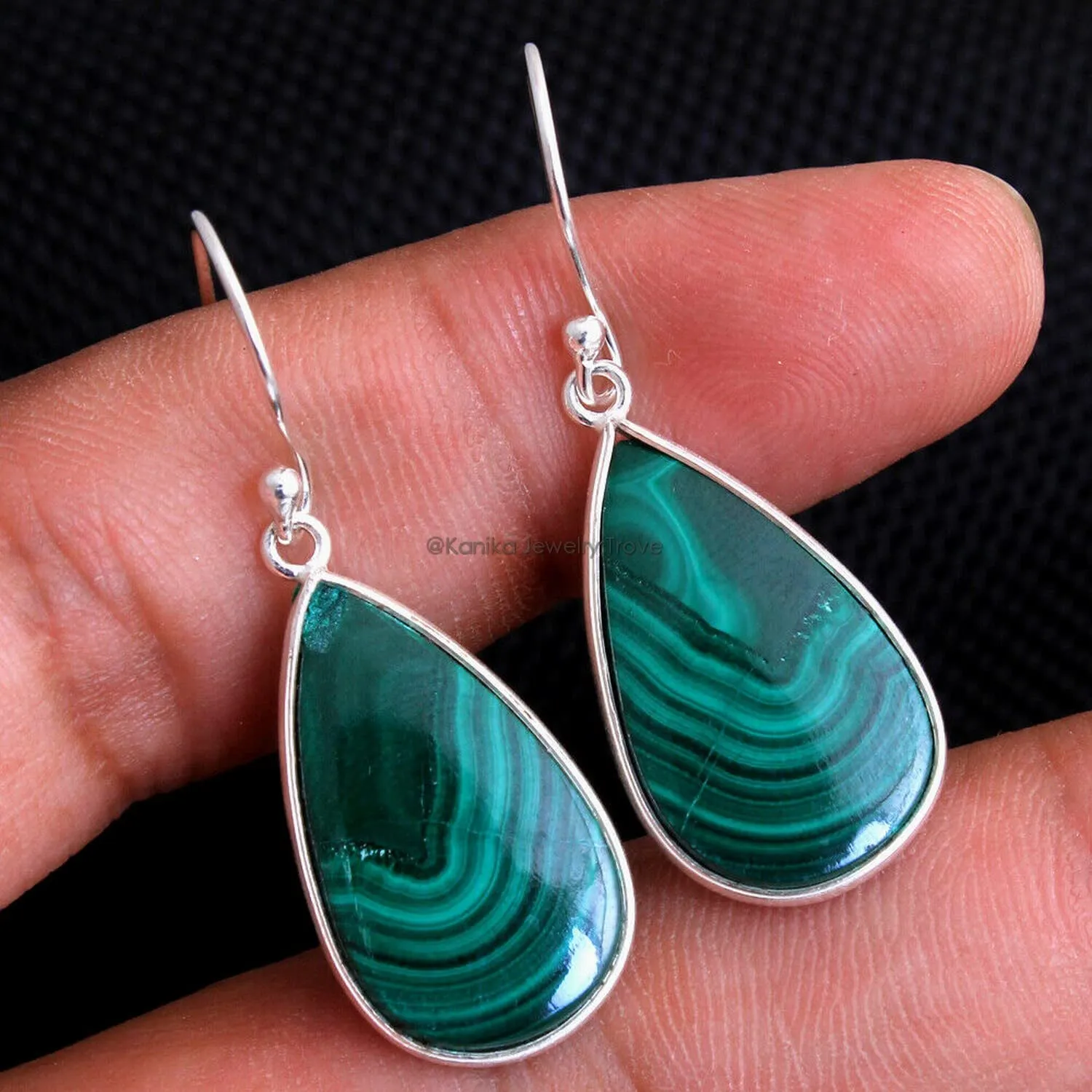 Malachite Gemstone Sterling Silver Long Drop Earrings for Women and Girls, Bezel Set Ear Wire Earrings, Green Bridesmaid Earrings Christmas Day Gift