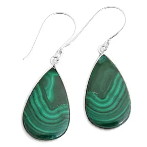 Malachite Gemstone Sterling Silver Long Drop Earrings for Women and Girls, Bezel Set Ear Wire Earrings, Green Bridesmaid Earrings Christmas Day Gift