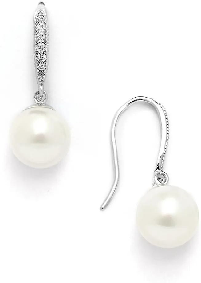 Mariell Pearl Drop Earrings, 8mm, French Wire Top with CZ Crystal for Bride, Wedding or Birthday Gift