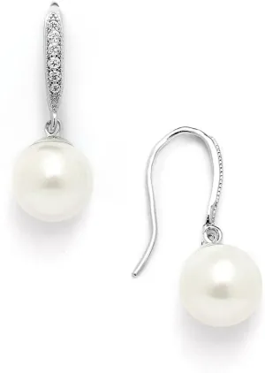 Mariell Pearl Drop Earrings, 8mm, French Wire Top with CZ Crystal for Bride, Wedding or Birthday Gift