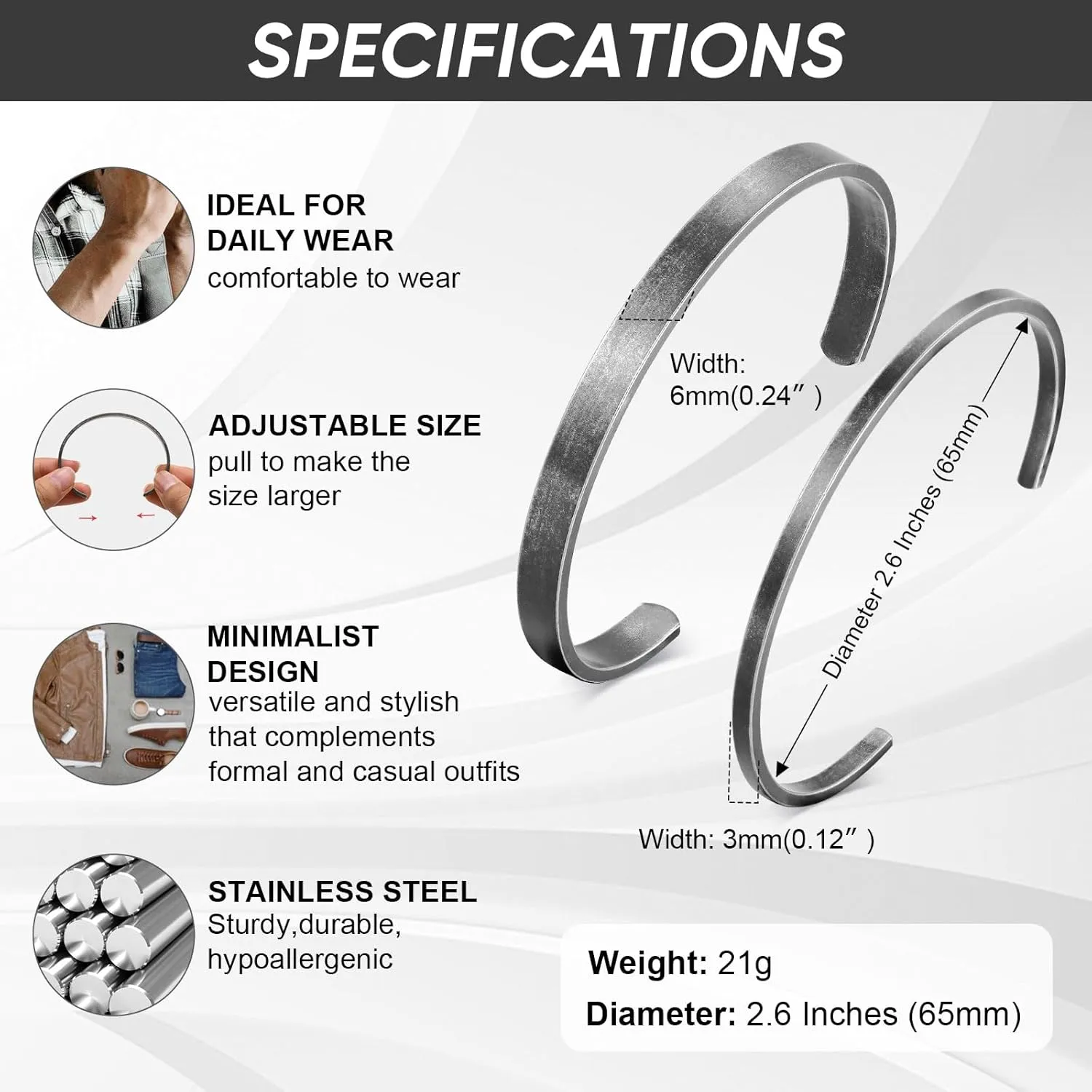MEALGUET Stainless Steel Mens Cuff Bracelet : Minimal Cool Antique Retro/Silver/Black Open Metal Cuff Bangle Bracelets for Men Boy,65mm,