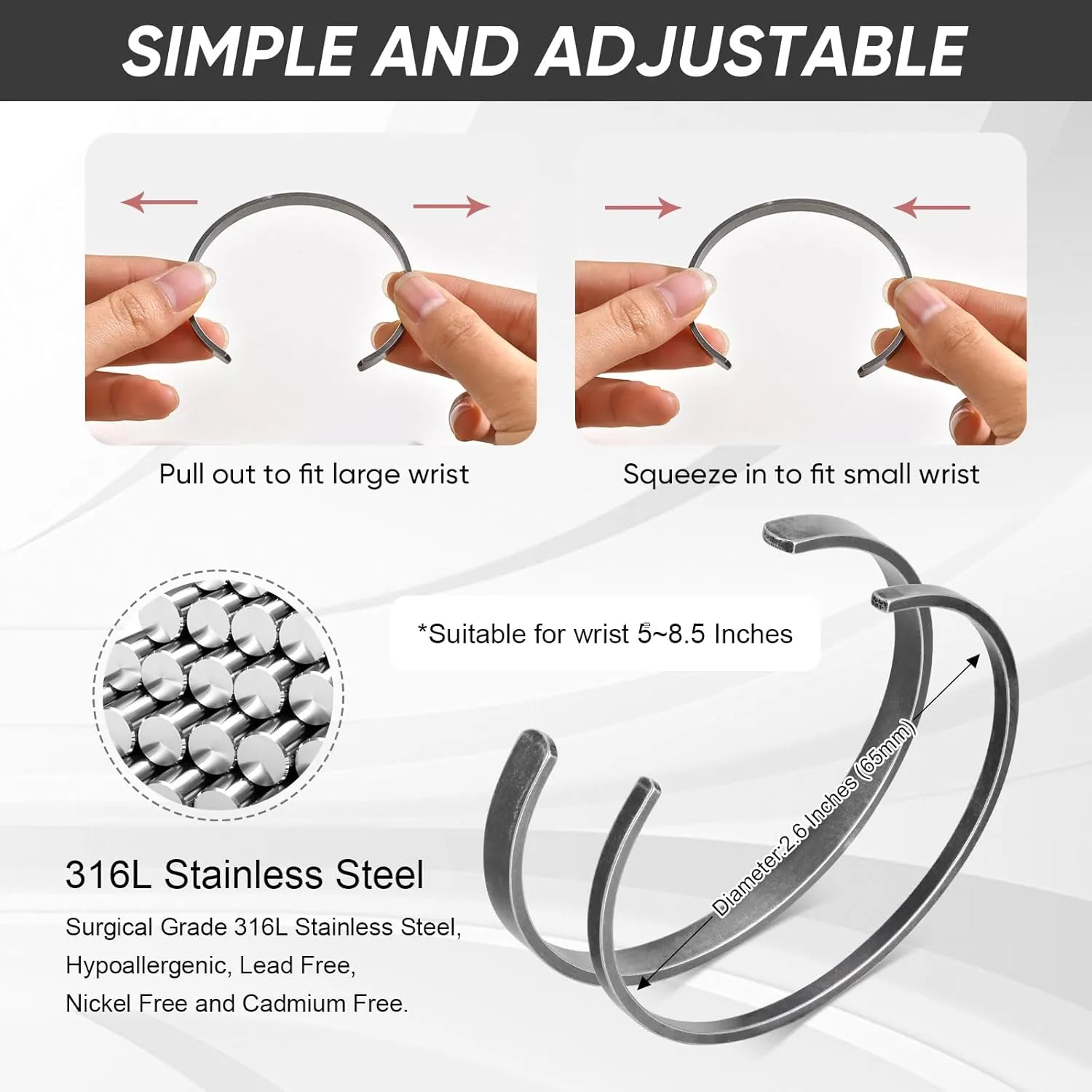 MEALGUET Stainless Steel Mens Cuff Bracelet : Minimal Cool Antique Retro/Silver/Black Open Metal Cuff Bangle Bracelets for Men Boy,65mm,