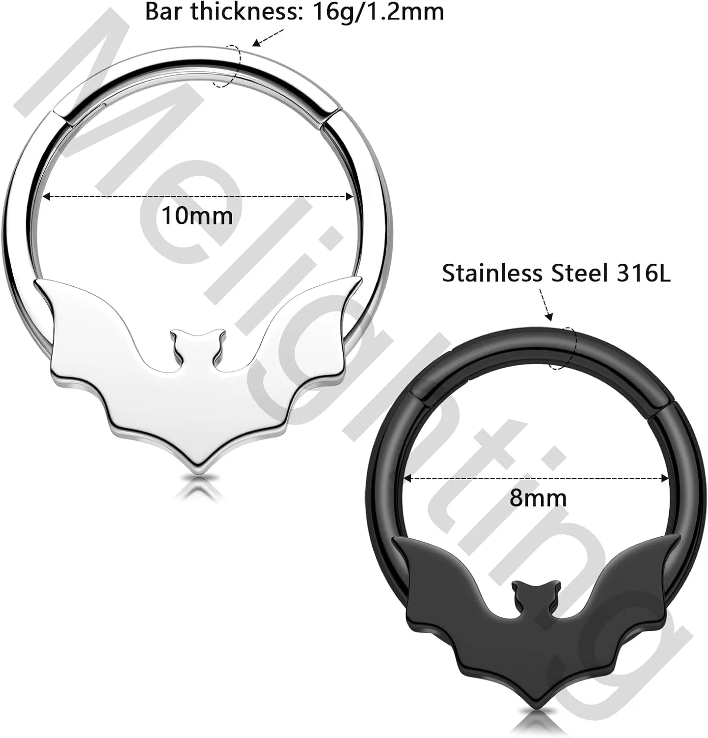 Melighting Stainless Steel 316L Septum Ring & Clicker for septum piercing, daith, 8mm & 10mm, Halloween & helix earring for women