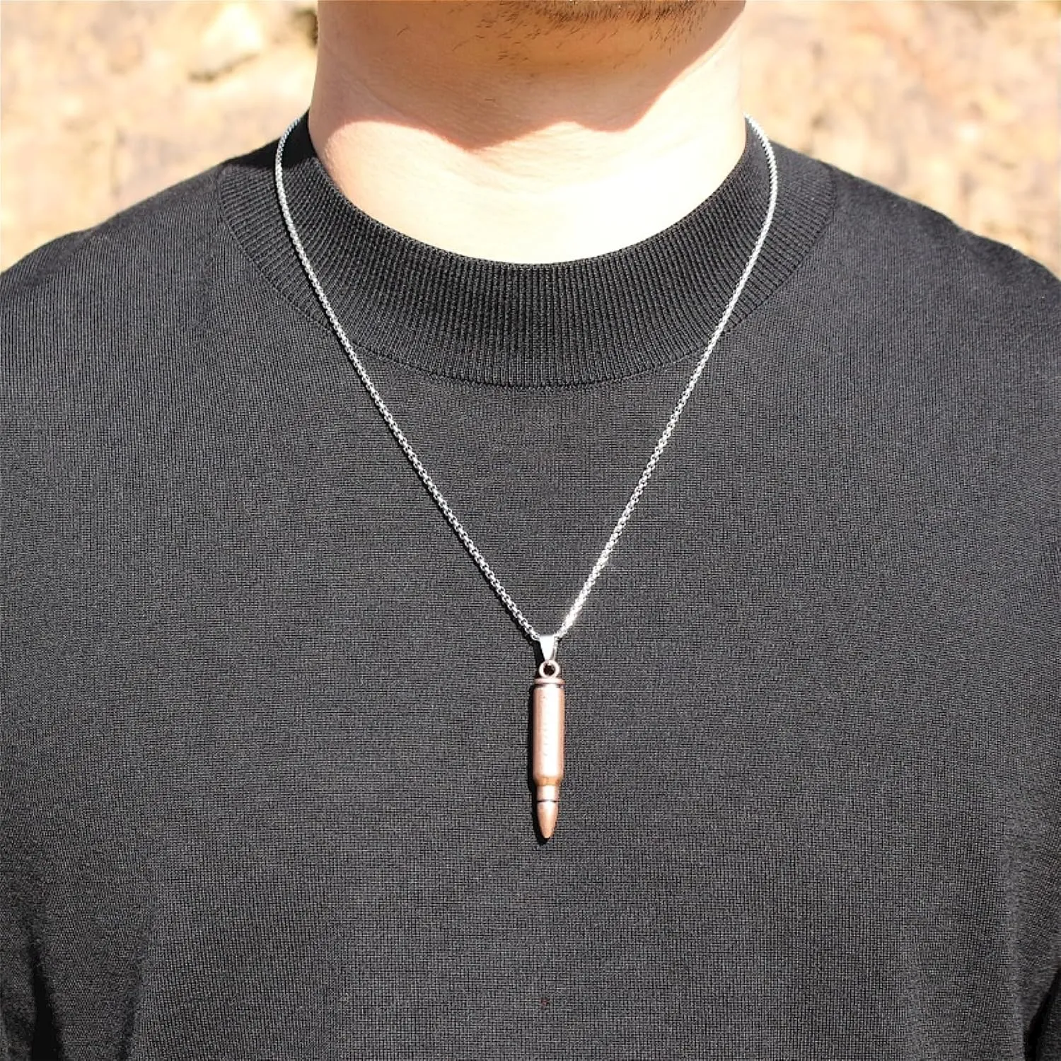 Men's Alloy Pendant Vintage Imitation Bullet Necklace, Stainless Steel Chain 24 Inches