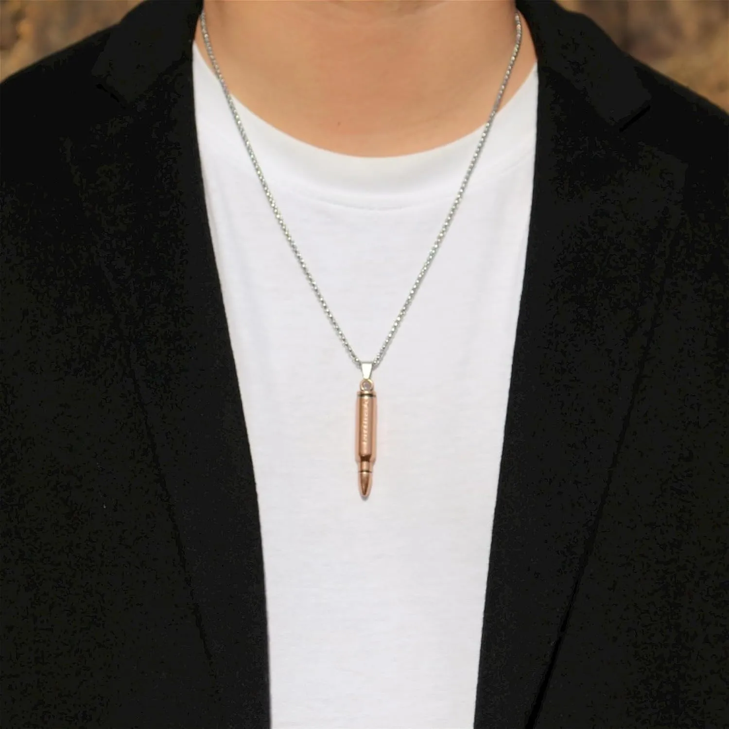 Men's Alloy Pendant Vintage Imitation Bullet Necklace, Stainless Steel Chain 24 Inches