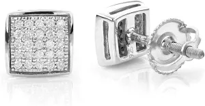Mens Small 3D Square Iced 5A Cz Stone Micro Pave White Gold Plated 925 Sterling Silver Hypoallergenic Hip Hop Cubic Zirconia Screw Back Post Cube Shape Earrings Gifts Husband Men