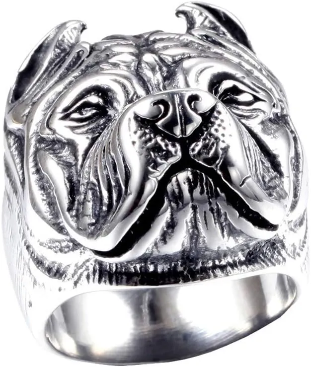 Men's Stainless Steel Vintage Gothic Pitbull Bulldog Pug Dog Head Biker Ring