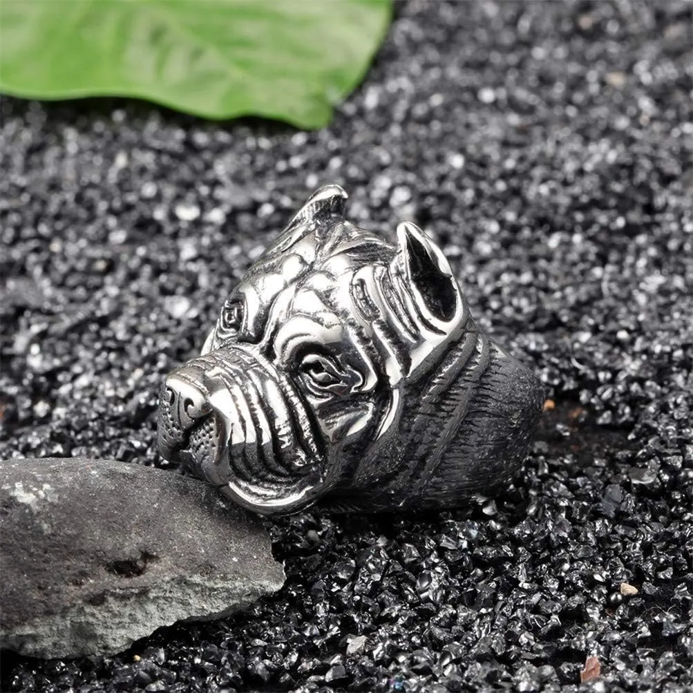 Men's Stainless Steel Vintage Gothic Pitbull Bulldog Pug Dog Head Biker Ring