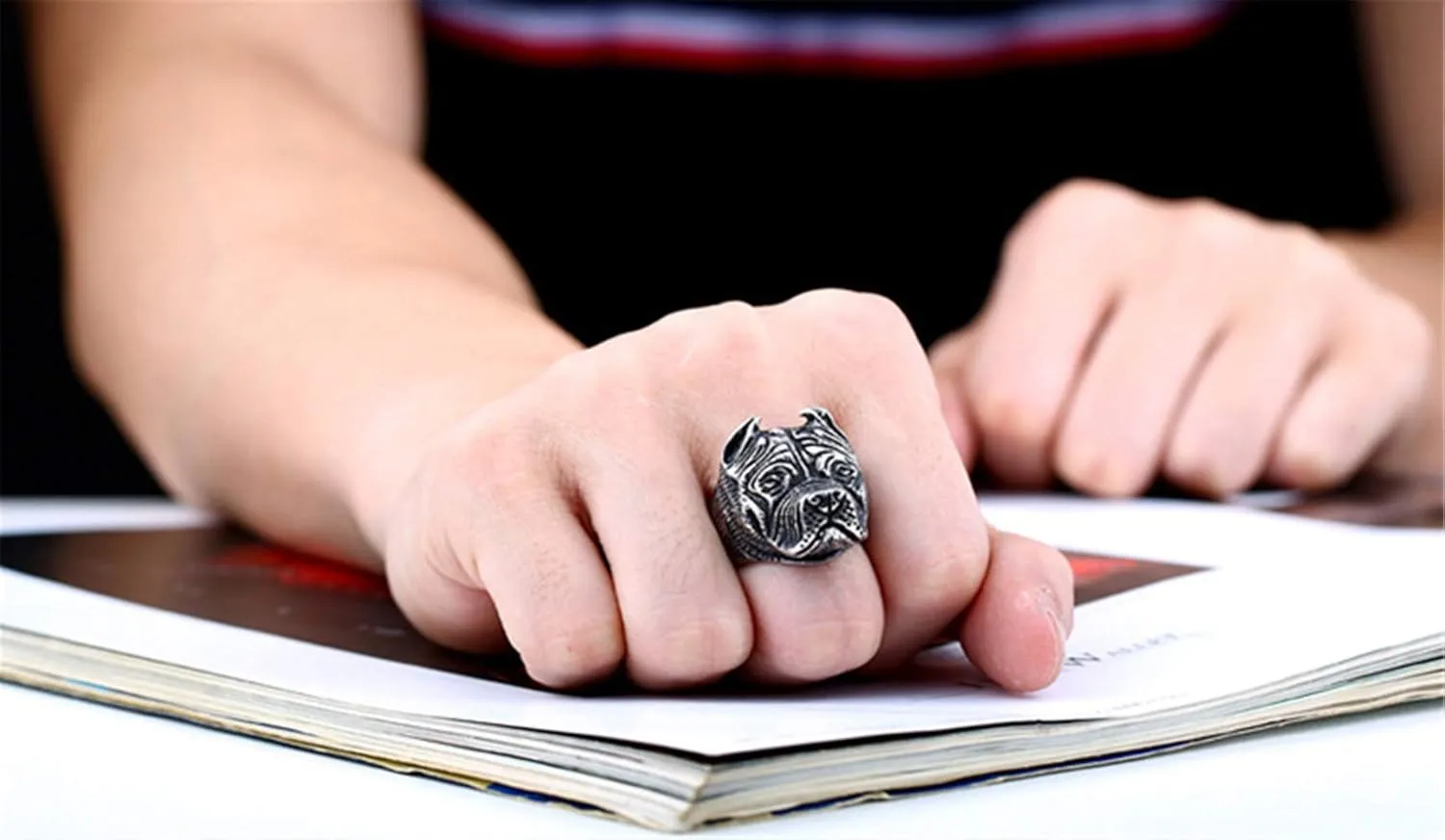 Men's Stainless Steel Vintage Gothic Pitbull Bulldog Pug Dog Head Biker Ring