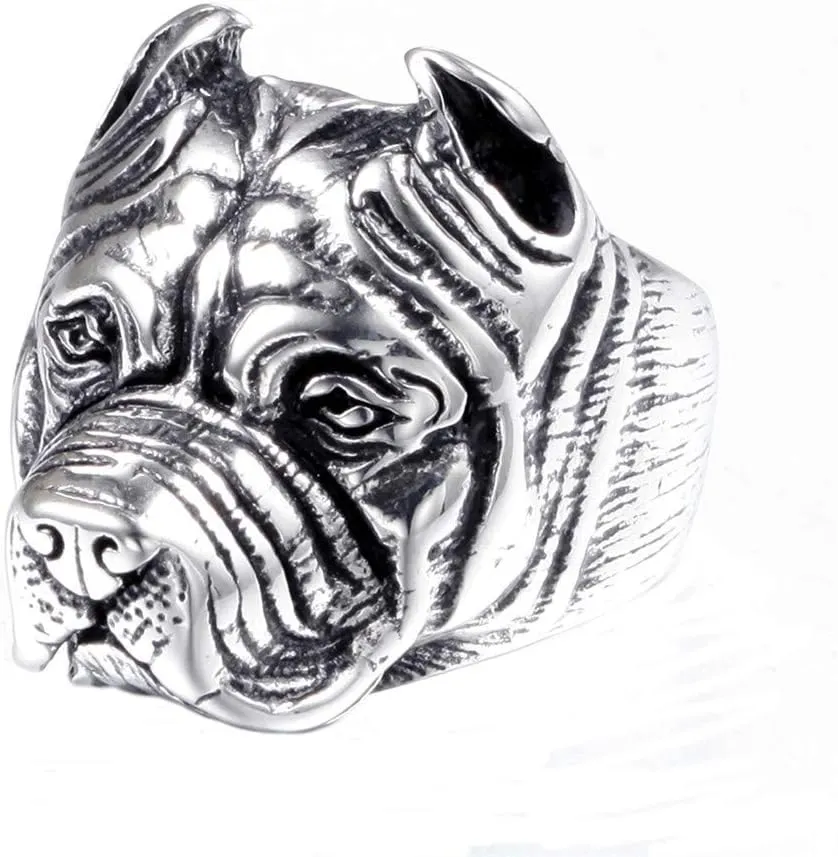 Men's Stainless Steel Vintage Gothic Pitbull Bulldog Pug Dog Head Biker Ring