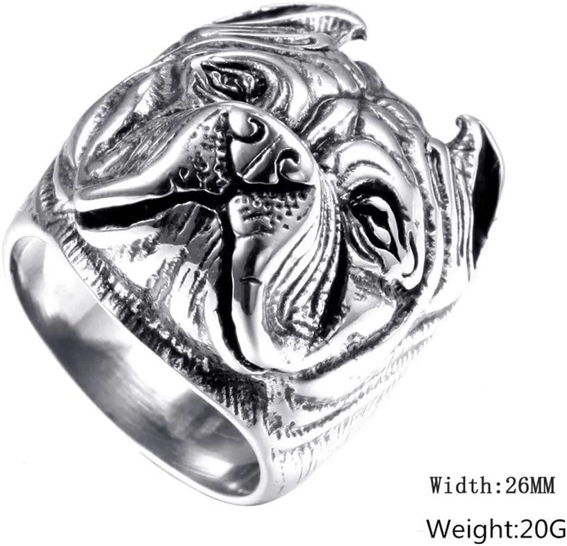Men's Stainless Steel Vintage Gothic Pitbull Bulldog Pug Dog Head Biker Ring