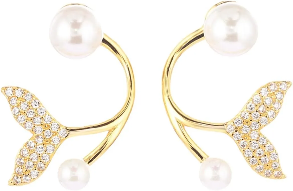 Mermaid Tail Pearl Ear Cuff Earrings 925 Sterling Silver Vintage Ocean Fish Tail Chic Crystal Cubic Zirconia Gold Wrap Climber Earrings for Women Birthday Holiday Party Jewelry Gifts
