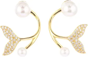 Mermaid Tail Pearl Ear Cuff Earrings 925 Sterling Silver Vintage Ocean Fish Tail Chic Crystal Cubic Zirconia Gold Wrap Climber Earrings for Women Birthday Holiday Party Jewelry Gifts