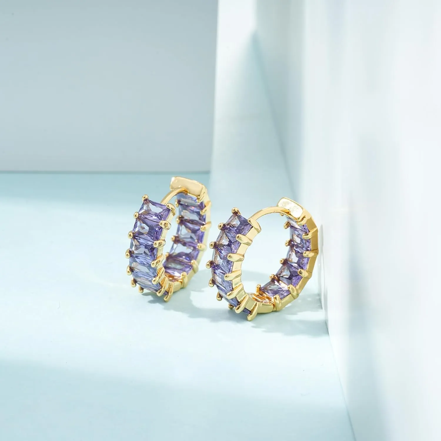 Mesovor Gold Cubic Zirconia Hoop Earrings for Women Trendy, 18K Gold Plated Huggie Hoops Earrings | Green Black Red Stones Earrings Jewelry Gifts