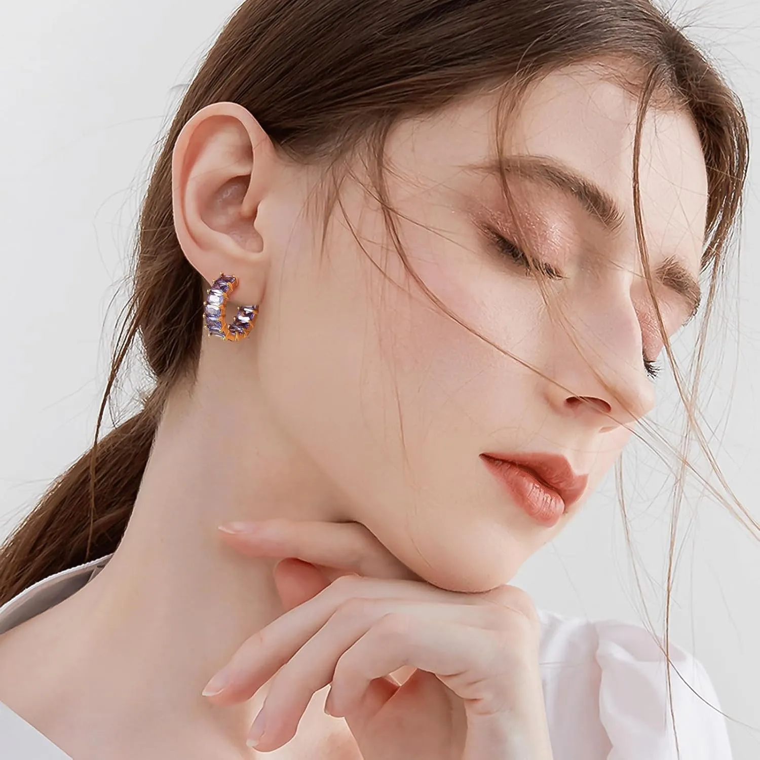 Mesovor Gold Cubic Zirconia Hoop Earrings for Women Trendy, 18K Gold Plated Huggie Hoops Earrings | Green Black Red Stones Earrings Jewelry Gifts