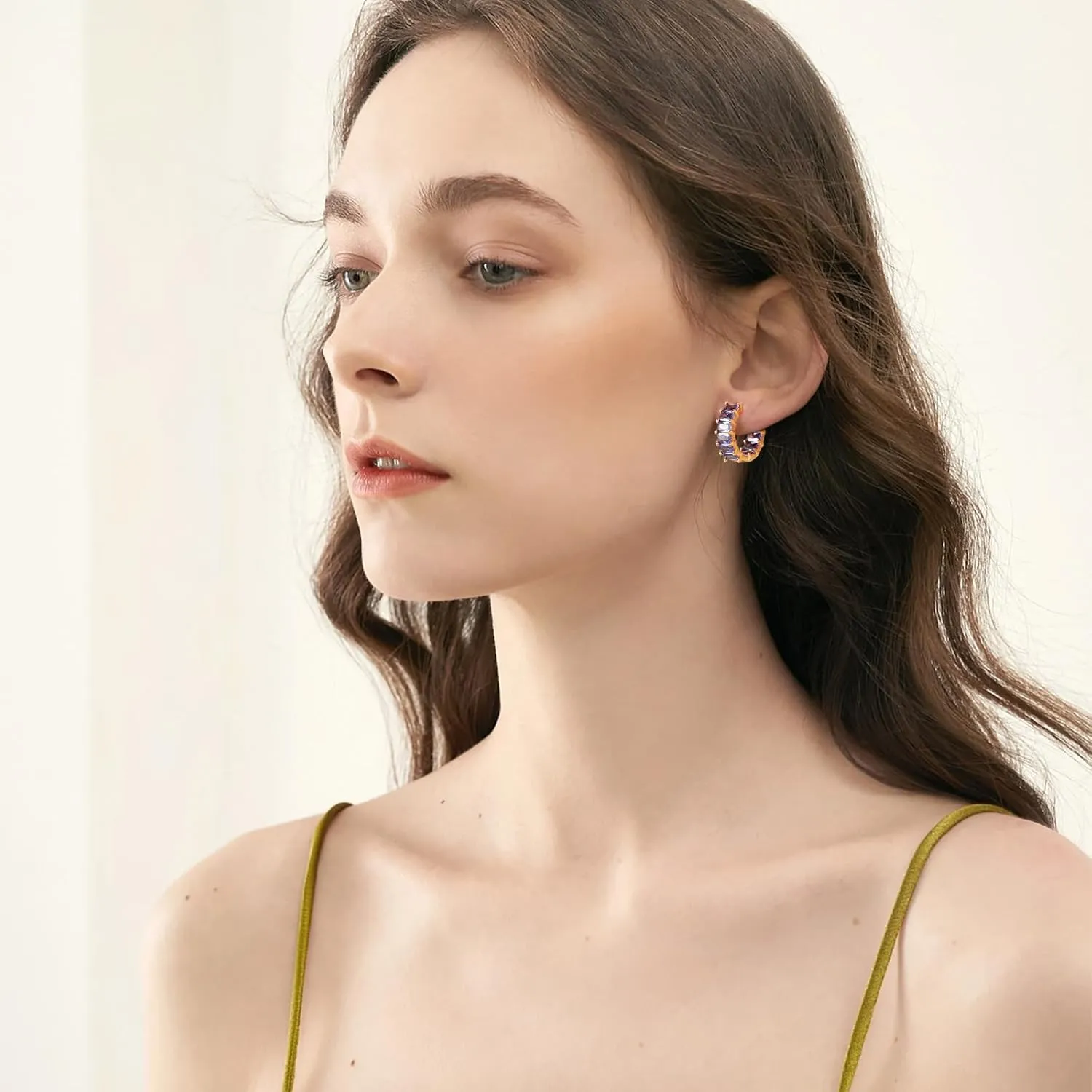 Mesovor Gold Cubic Zirconia Hoop Earrings for Women Trendy, 18K Gold Plated Huggie Hoops Earrings | Green Black Red Stones Earrings Jewelry Gifts