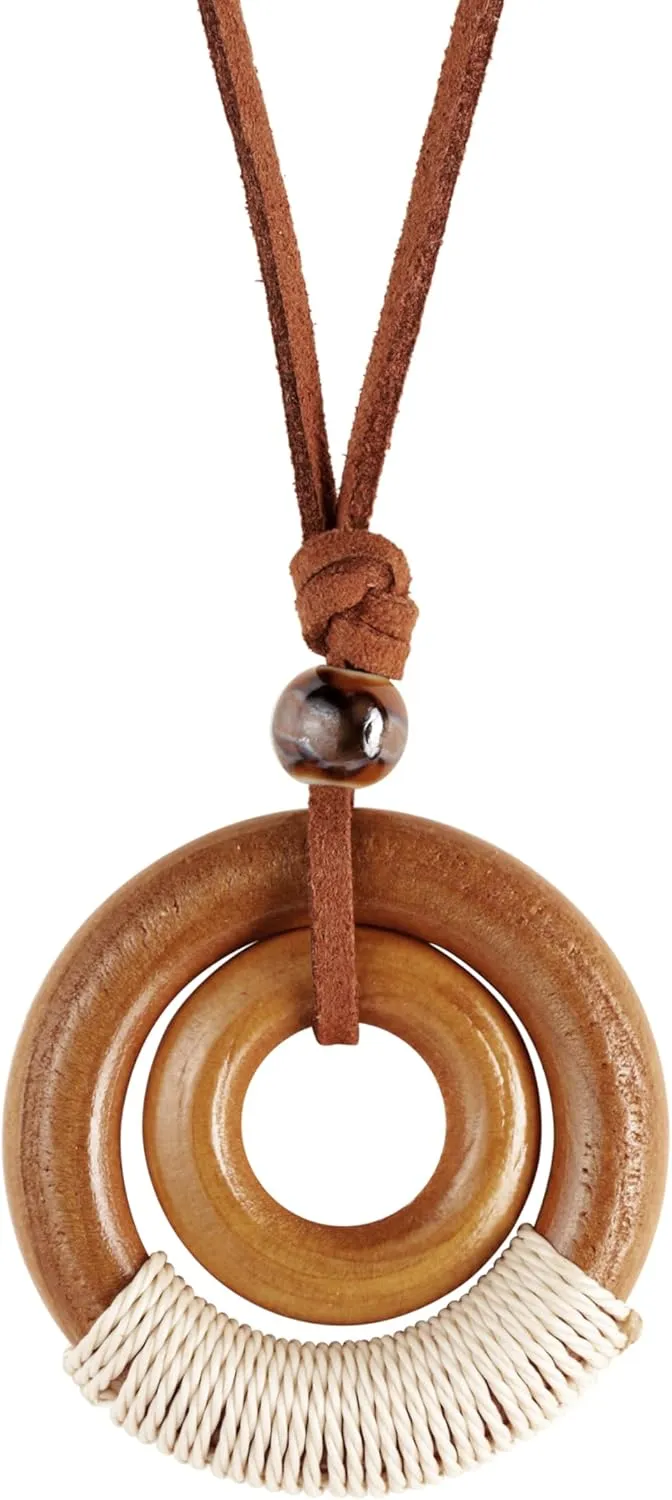 MINACHI Ethnic Boho Chic Double Wooden Ring Circle Necklace, Vintage Bohemian Summer Statement Jewelry Gift for Women