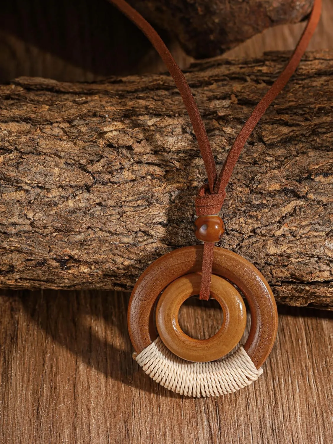 MINACHI Ethnic Boho Chic Double Wooden Ring Circle Necklace, Vintage Bohemian Summer Statement Jewelry Gift for Women