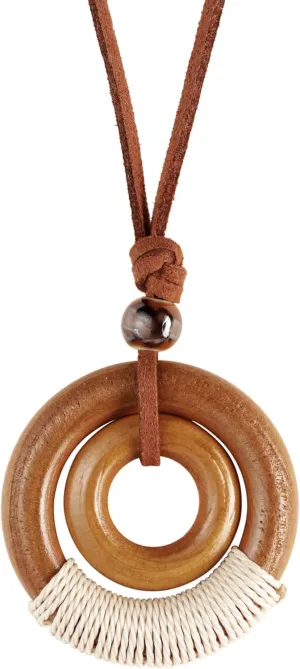 MINACHI Ethnic Boho Chic Double Wooden Ring Circle Necklace, Vintage Bohemian Summer Statement Jewelry Gift for Women