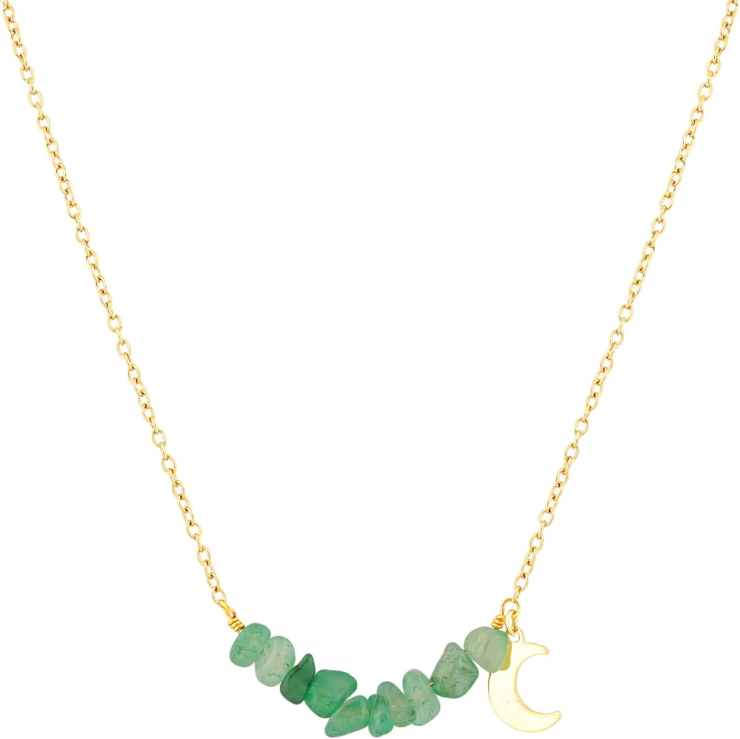 MINACHI Green Aventurine Chip Bead Necklace with Gold-Tone Moon Charm, Minimalist Boho Style, Jewelry Gift for Women