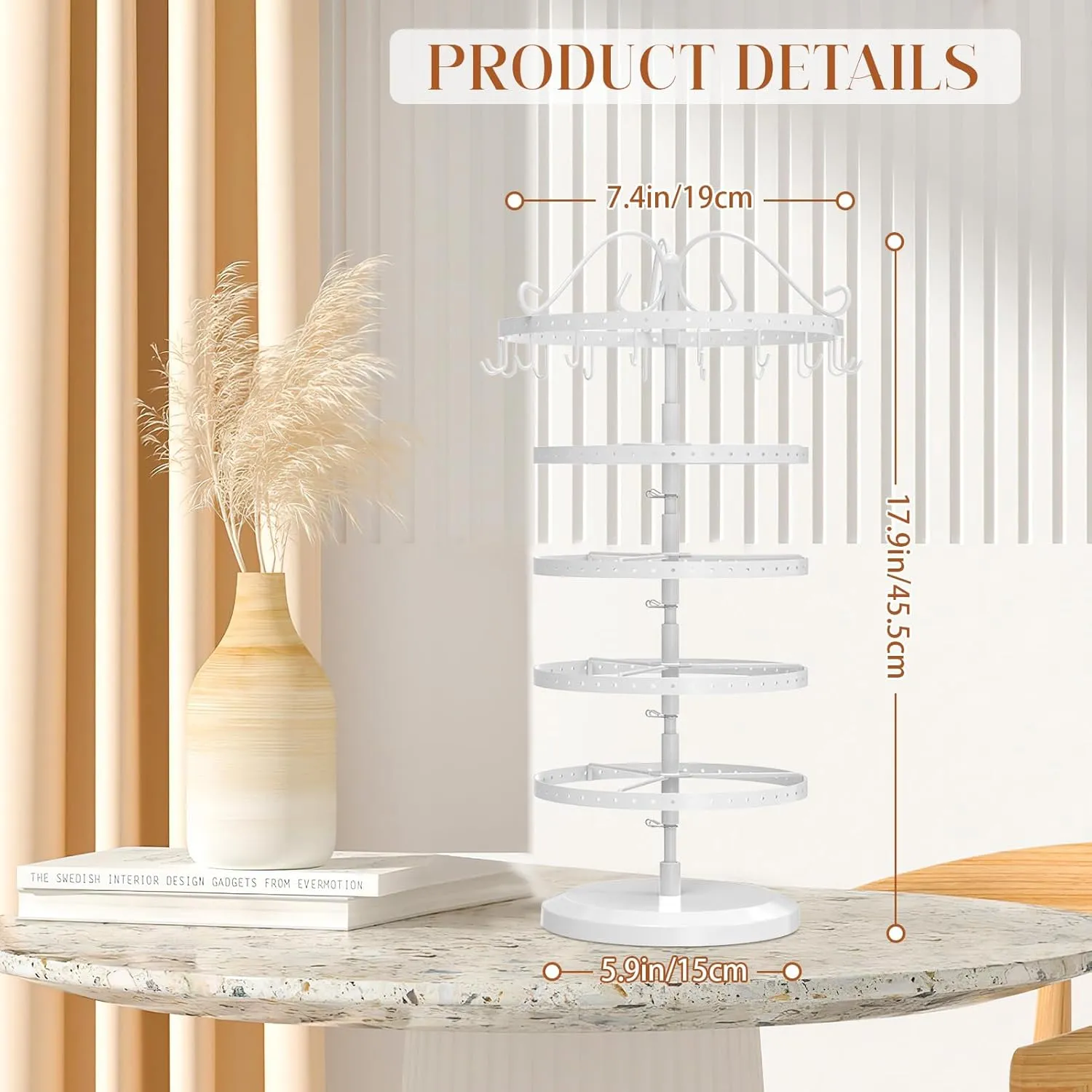 MODOWEY 5 Tier Metal Rotating Earring Holder Organizer Tree Display Adjustable Stand, 17 Hooks Hanger Rack, 228 Holes Tower for Women Girl Necklace Bracelet Ring Stud Dangle(White)