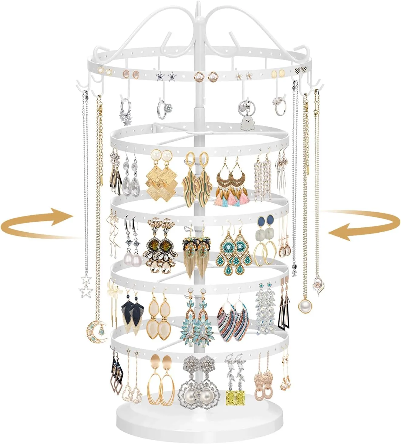 MODOWEY 5 Tier Metal Rotating Earring Holder Organizer Tree Display Adjustable Stand, 17 Hooks Hanger Rack, 228 Holes Tower for Women Girl Necklace Bracelet Ring Stud Dangle(White)