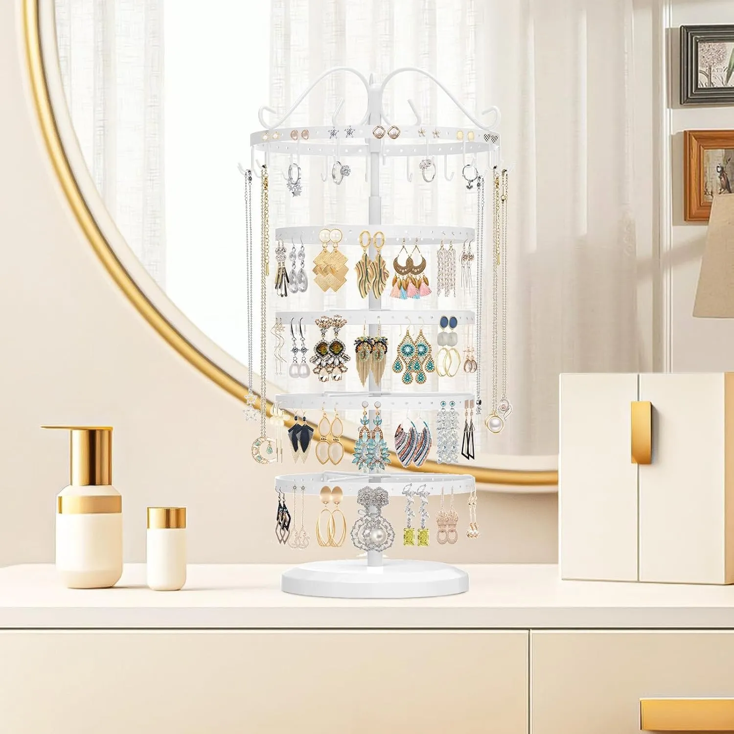 MODOWEY 5 Tier Metal Rotating Earring Holder Organizer Tree Display Adjustable Stand, 17 Hooks Hanger Rack, 228 Holes Tower for Women Girl Necklace Bracelet Ring Stud Dangle(White)