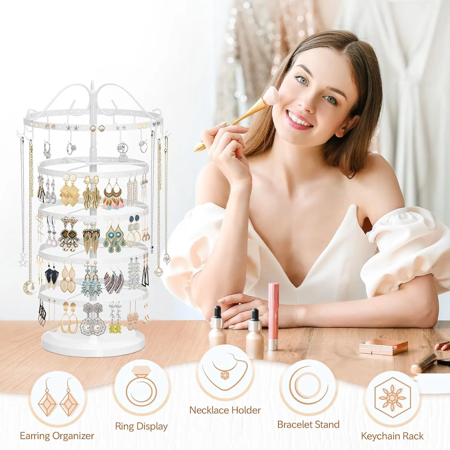 MODOWEY 5 Tier Metal Rotating Earring Holder Organizer Tree Display Adjustable Stand, 17 Hooks Hanger Rack, 228 Holes Tower for Women Girl Necklace Bracelet Ring Stud Dangle(White)