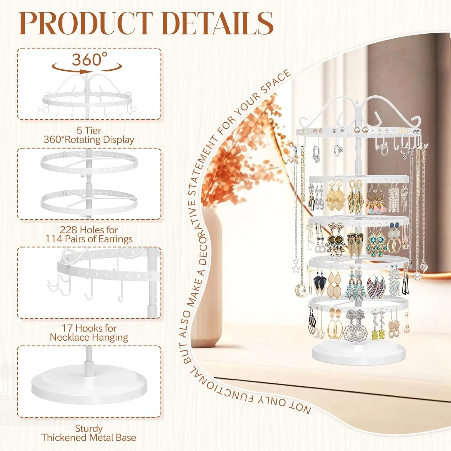 MODOWEY 5 Tier Metal Rotating Earring Holder Organizer Tree Display Adjustable Stand, 17 Hooks Hanger Rack, 228 Holes Tower for Women Girl Necklace Bracelet Ring Stud Dangle(White)
