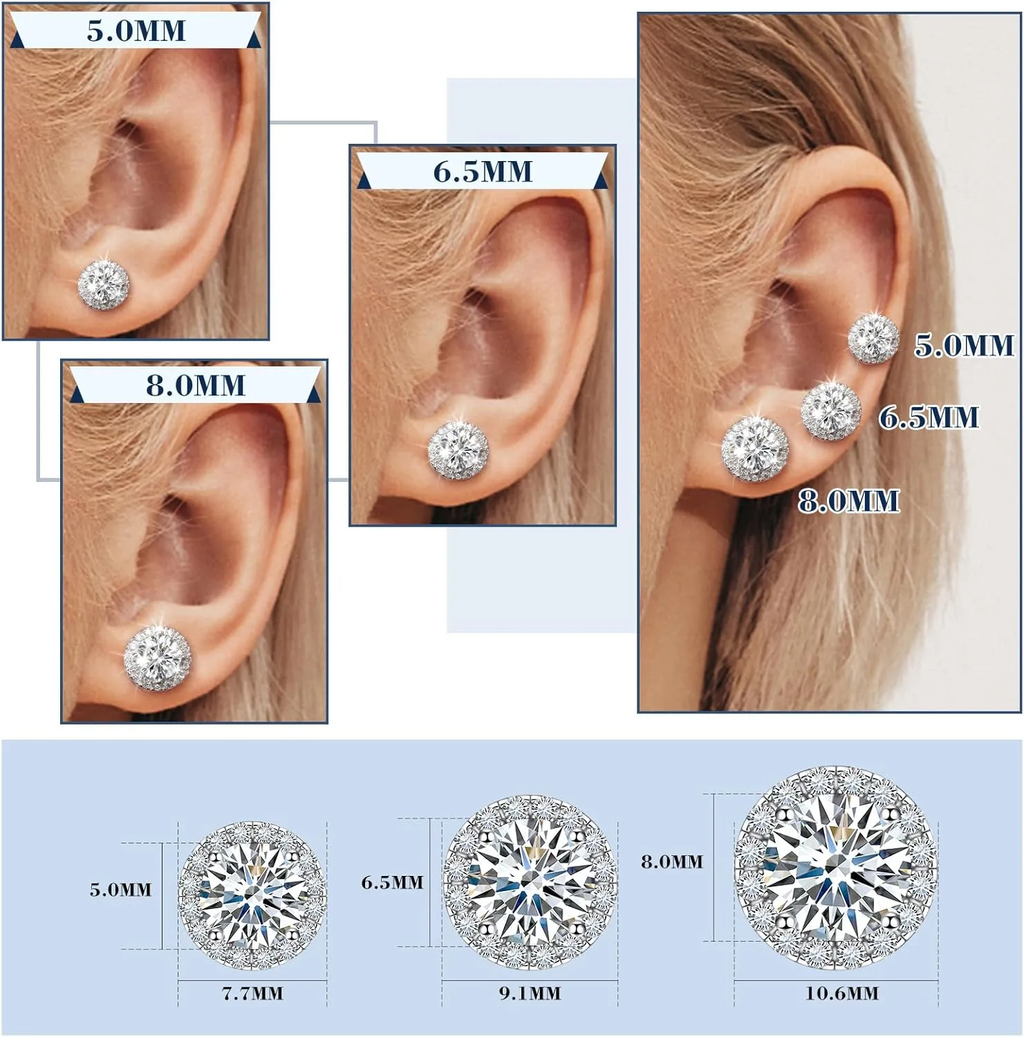 Moissanite Halo Earrings 0.2-4Carats(3-8mm) Moissanite Stud Earrings 18k Gold Over 925 Sterling Silver Earrings for Women Men D Color VVS1 Round Stud Push Back Mothers Day Gifts
