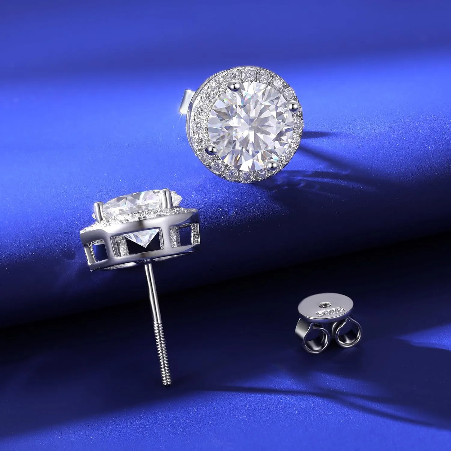 Moissanite Halo Earrings Stud Screw Back 0.2-8.0ct 3-10mm 18K White Gold Plated 925 Sterling Silver Lab Round Cut Brilliant Moissanite Halo Earrings for Women Men