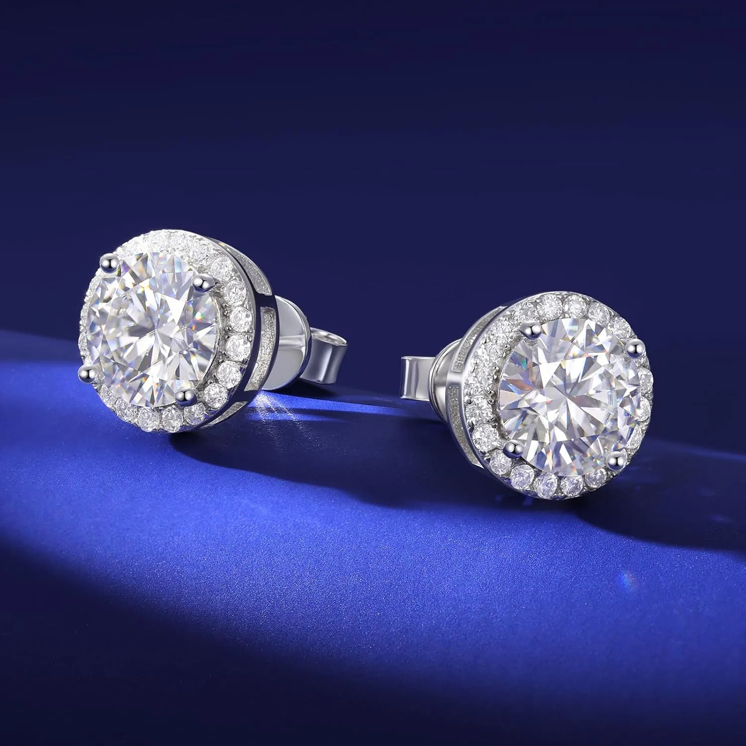 Moissanite Halo Earrings Stud Screw Back 0.2-8.0ct 3-10mm 18K White Gold Plated 925 Sterling Silver Lab Round Cut Brilliant Moissanite Halo Earrings for Women Men