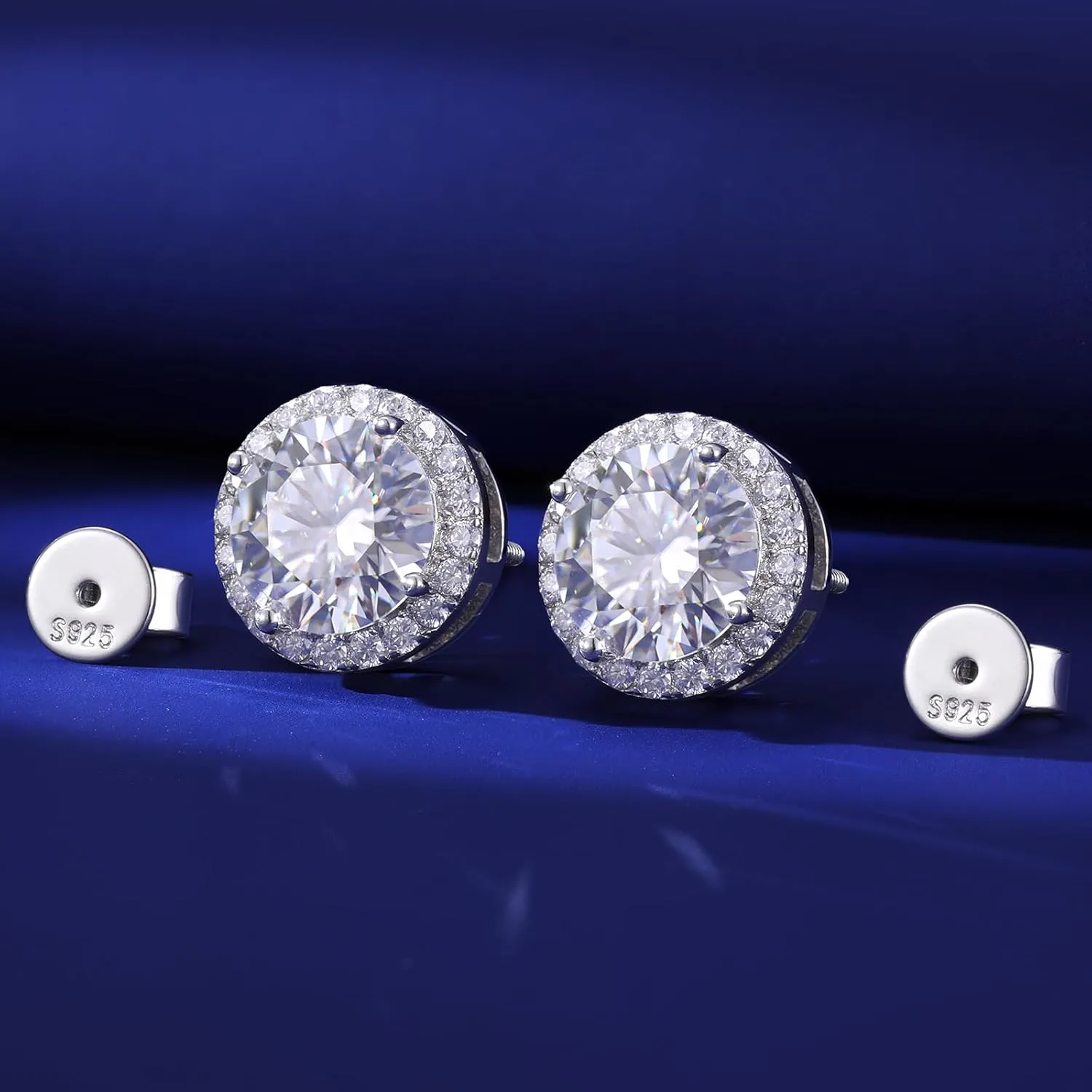 Moissanite Halo Earrings Stud Screw Back 0.2-8.0ct 3-10mm 18K White Gold Plated 925 Sterling Silver Lab Round Cut Brilliant Moissanite Halo Earrings for Women Men