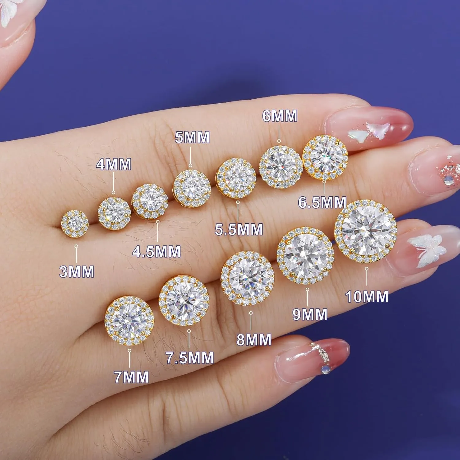 Moissanite Halo Earrings Stud Screw Back 0.2-8.0ct 3-10mm 18K White Gold Plated 925 Sterling Silver Lab Round Cut Brilliant Moissanite Halo Earrings for Women Men