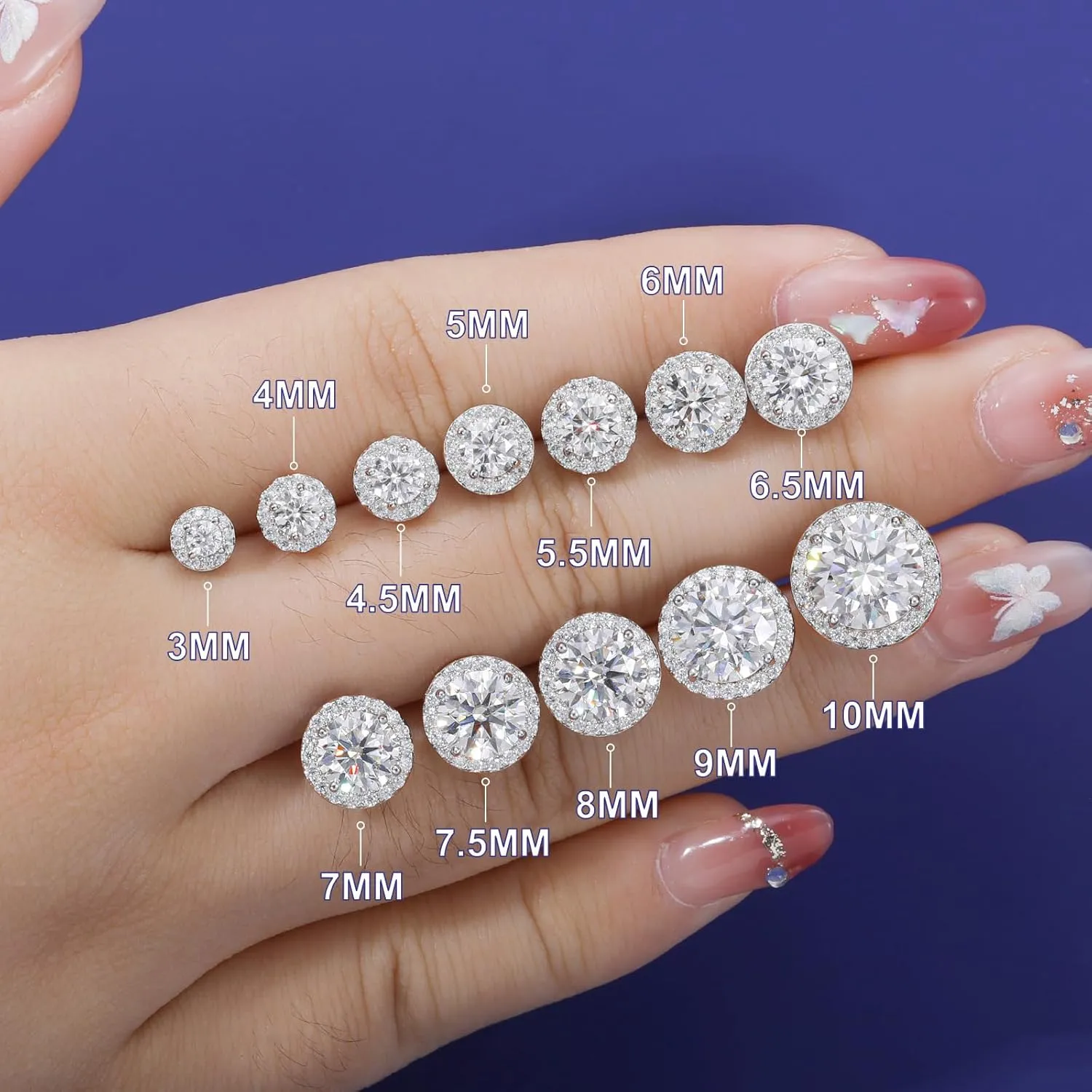 Moissanite Halo Earrings Stud Screw Back 0.2-8.0ct 3-10mm 18K White Gold Plated 925 Sterling Silver Lab Round Cut Brilliant Moissanite Halo Earrings for Women Men