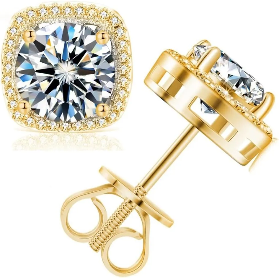 Moissanite Stud Earrings, 0.6CT-2.4CT /Pair Princess Cut D Color VVS1 Clarity Brilliant Lab Created Moissanite Earrings 925 Sterling Silver Screw Back Halo Moissanite Earrings for Women Men