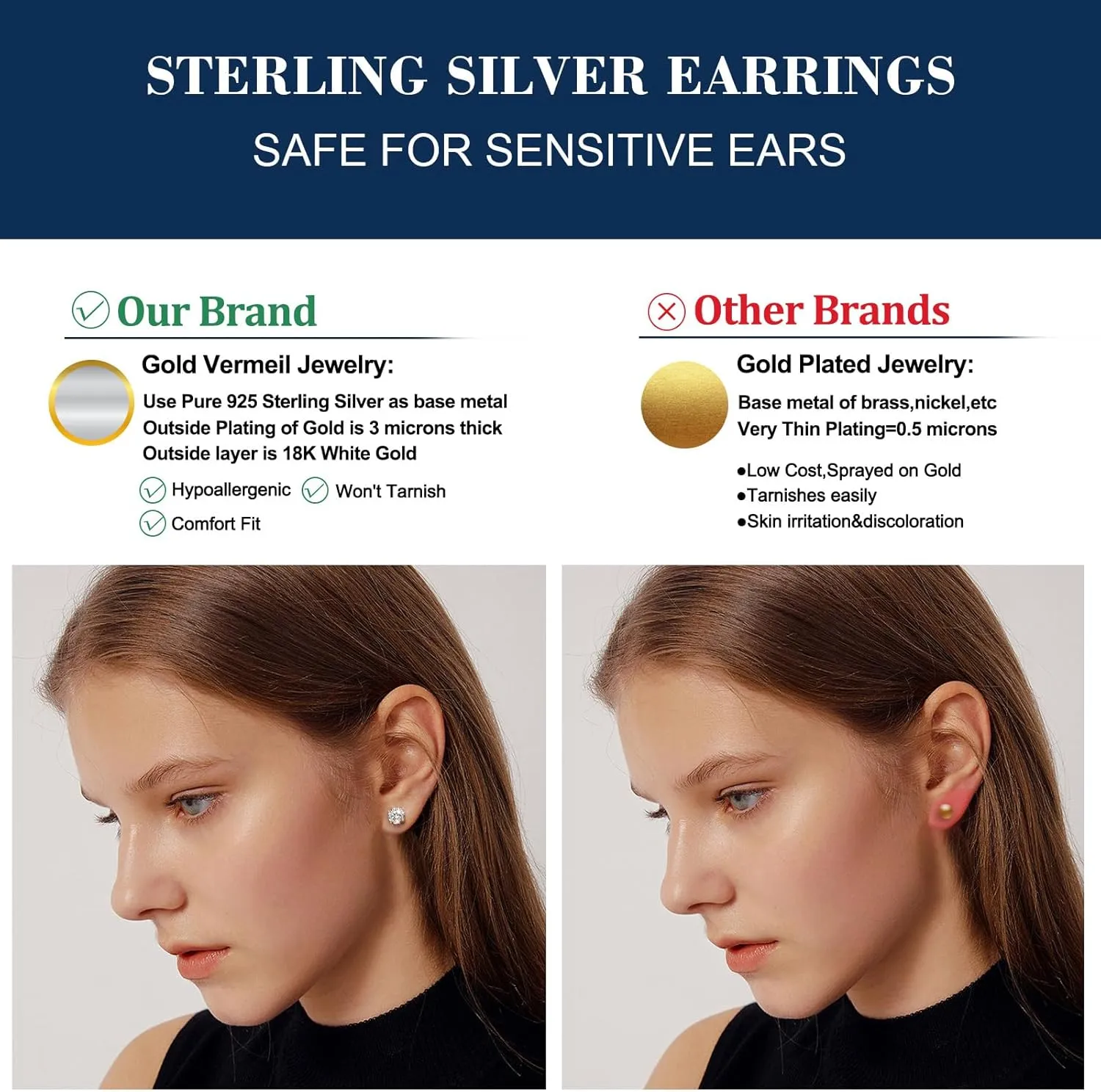 Moissanite Stud Earrings Screw Back 0.2-8 Carats (3-10mm) Moissanite Earrings for Women Men 18k Gold Plated 925 Sterling Silver Stud D Color VVS1 Round Stone Mothers Day Jewelry Gift