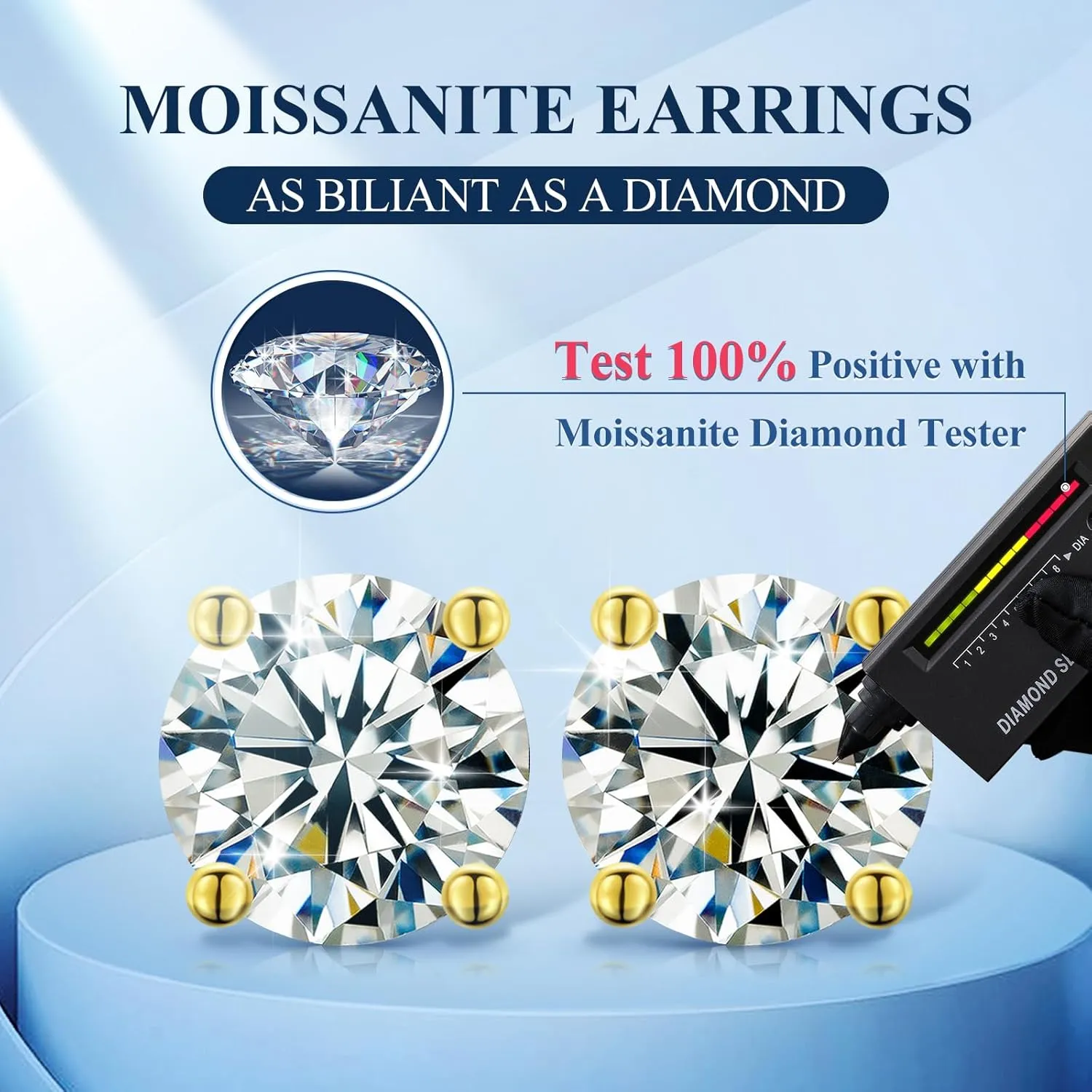 Moissanite Stud Earrings Screw Back 0.2-8 Carats (3-10mm) Moissanite Earrings for Women Men 18k Gold Plated 925 Sterling Silver Stud D Color VVS1 Round Stone Mothers Day Jewelry Gift