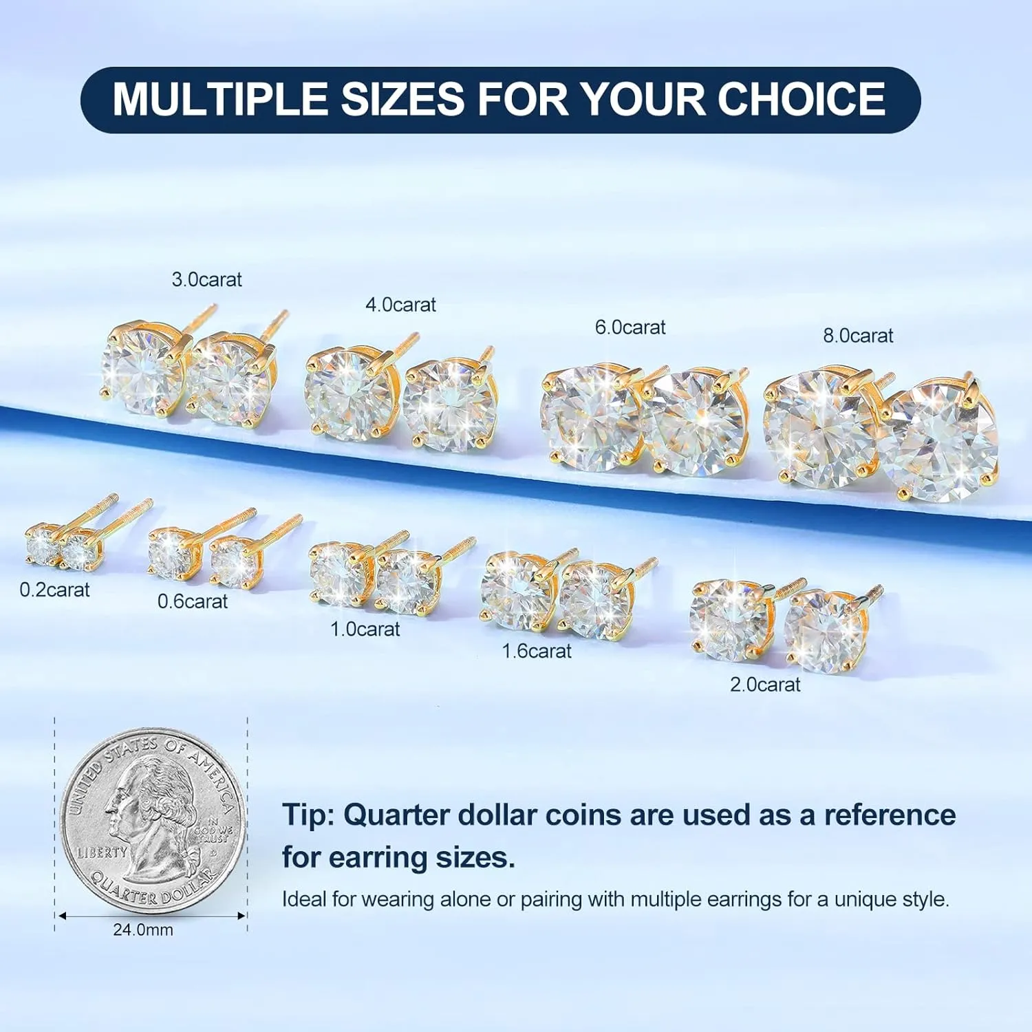Moissanite Stud Earrings Screw Back 0.2-8 Carats (3-10mm) Moissanite Earrings for Women Men 18k Gold Plated 925 Sterling Silver Stud D Color VVS1 Round Stone Mothers Day Jewelry Gift