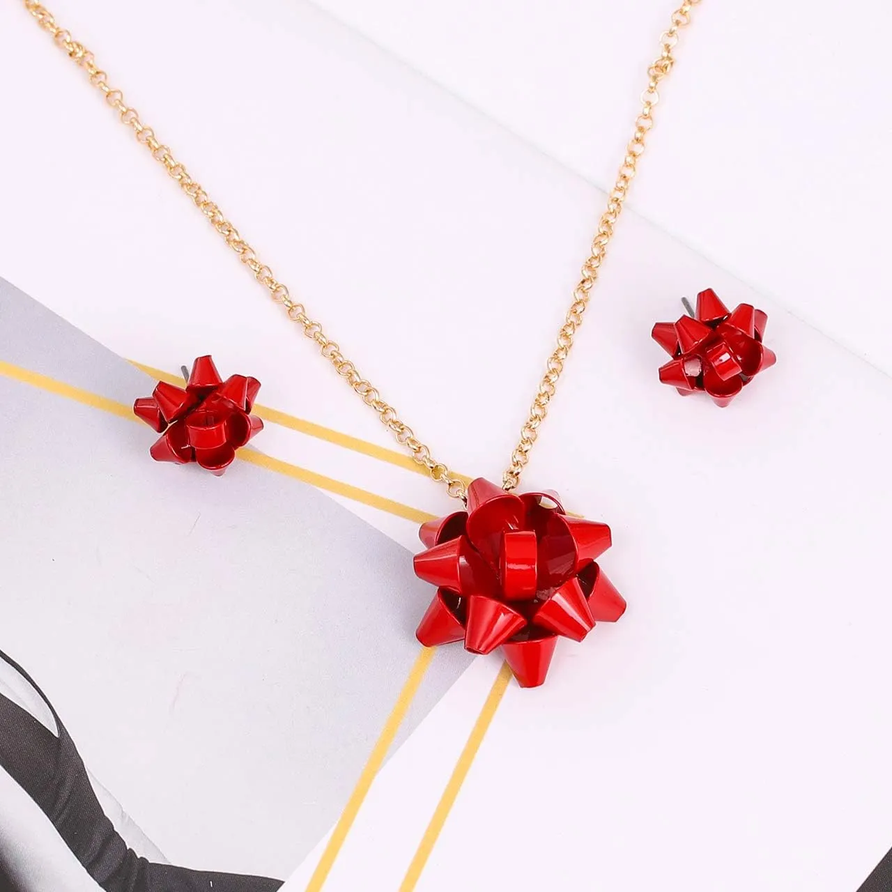 MOLOCH Christmas Necklace Earring Set Statement Gift Bow Pendant Necklace Post Stud Earring Set Christmas Jewelry Gifts For Women