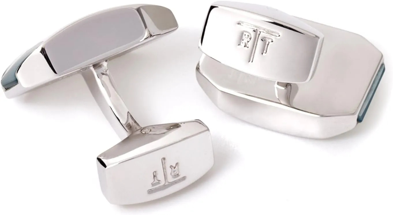 Moonlight Cufflinks with Mother of Pearl Combined with a Cabochan of Quartz in a Rhodium Silver Tonneau Case