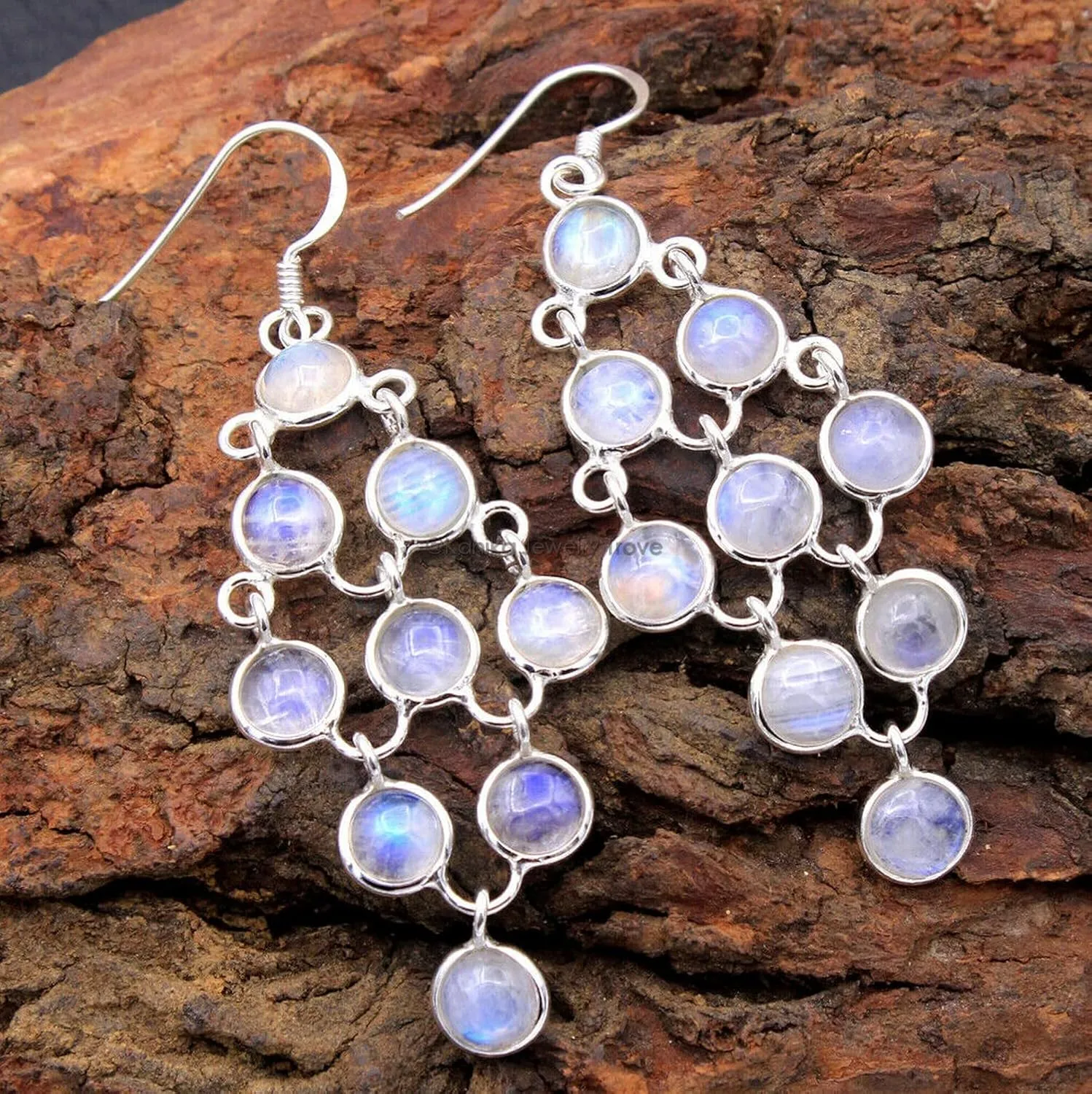 Moonstone Gemstone Sterling Silver Bohol Chandelier Earrings for Women and Girls, Bezel Set Ear-Wire Earrings, White Bridesmaid Earrings Gift