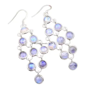 Moonstone Gemstone Sterling Silver Bohol Chandelier Earrings for Women and Girls, Bezel Set Ear-Wire Earrings, White Bridesmaid Earrings Gift