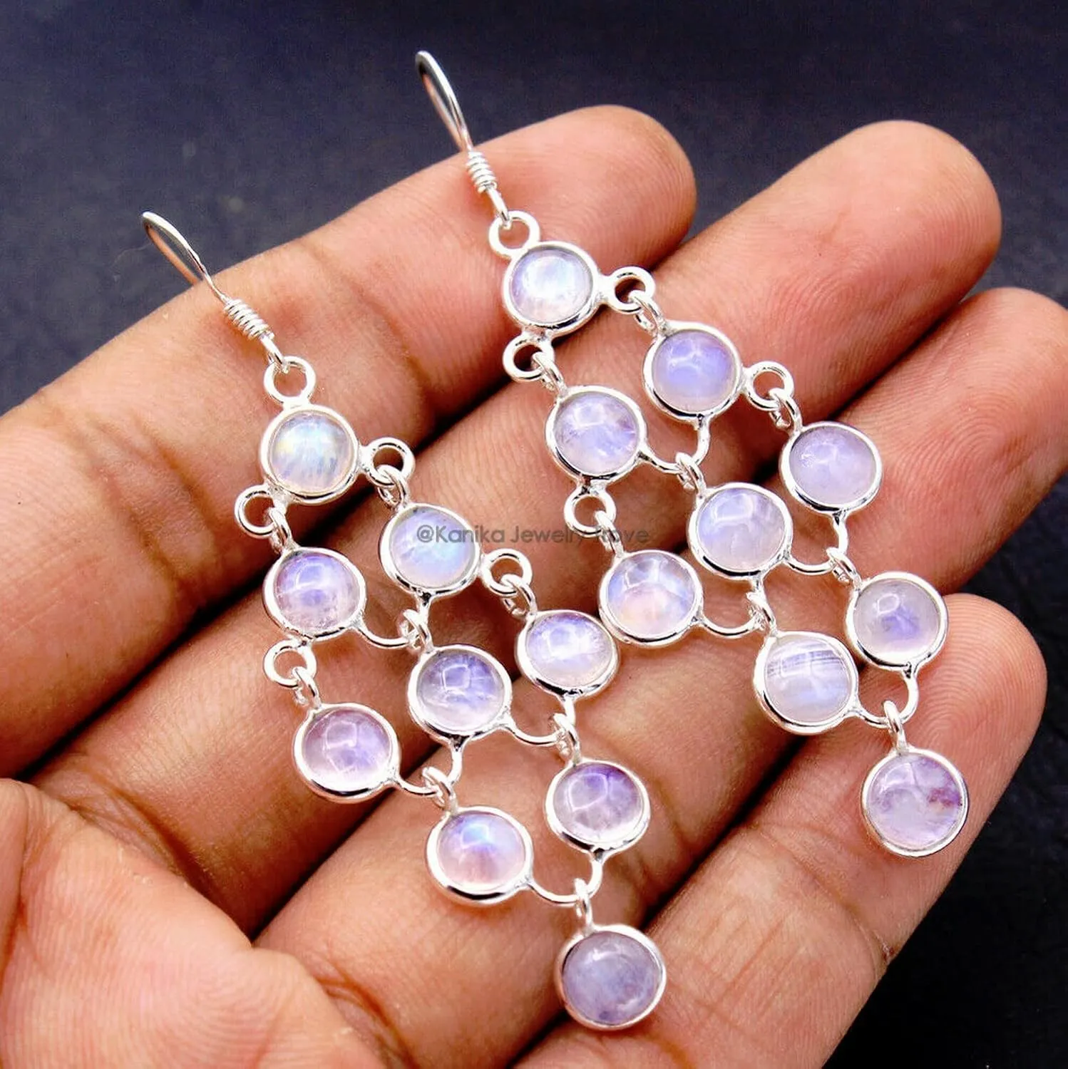 Moonstone Gemstone Sterling Silver Bohol Chandelier Earrings for Women and Girls, Bezel Set Ear-Wire Earrings, White Bridesmaid Earrings Gift