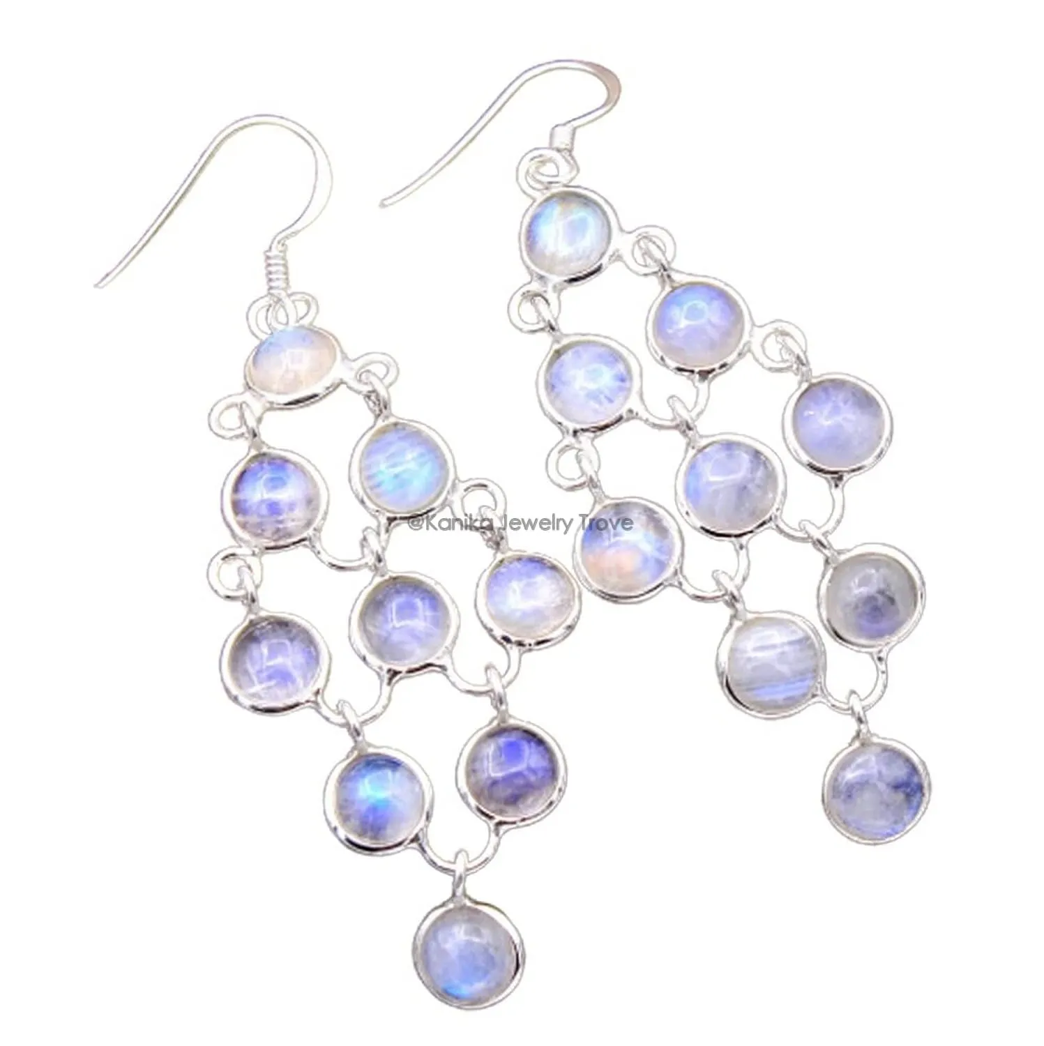 Moonstone Gemstone Sterling Silver Bohol Chandelier Earrings for Women and Girls, Bezel Set Ear-Wire Earrings, White Bridesmaid Earrings Gift